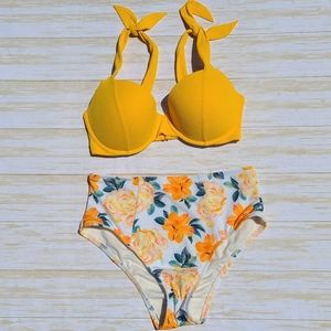 NWOT Shade & Shore High Waisted Bikini 34DD/Med Floral yellow gold design